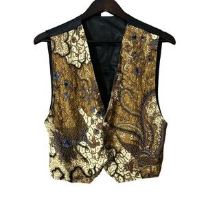 90’s Vintage Style Kenar Brown & Cream Beaded Details Button Vest Sz L Boho